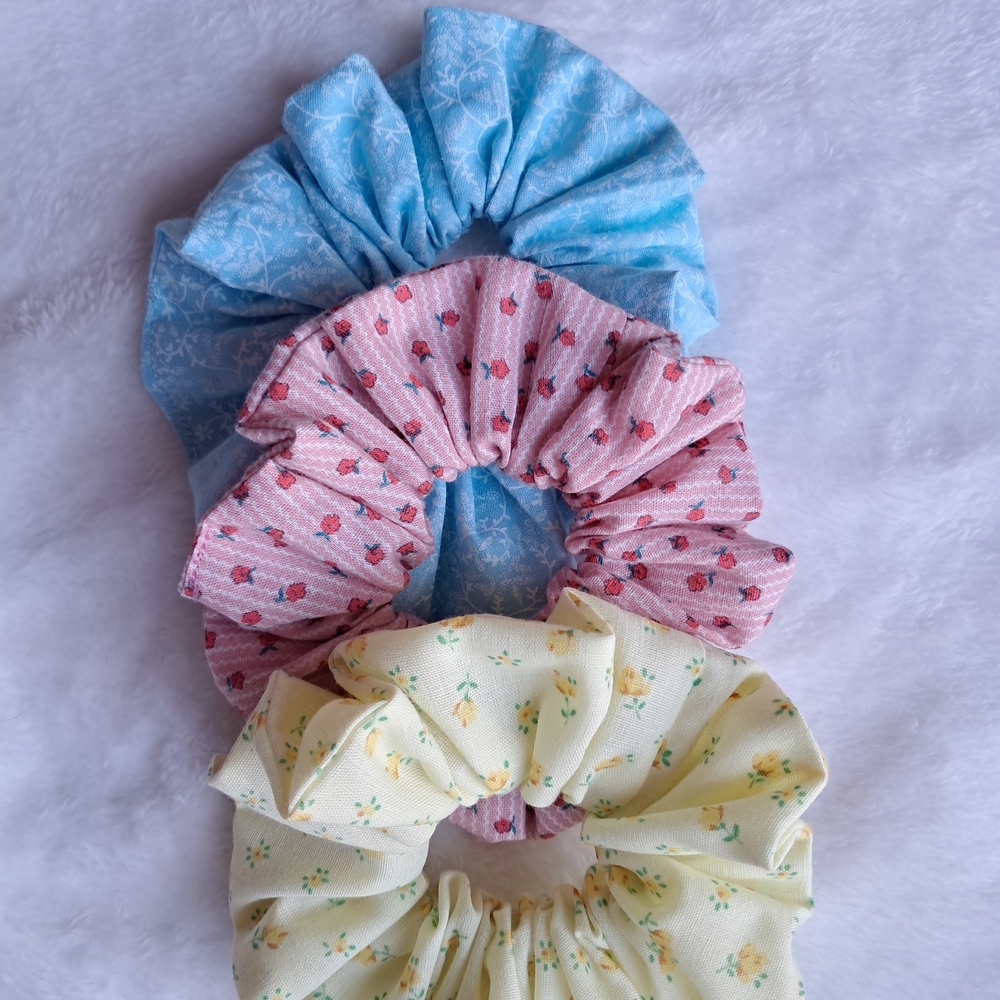 Floral Scrunchie Set - Blue, Pink, Yellow